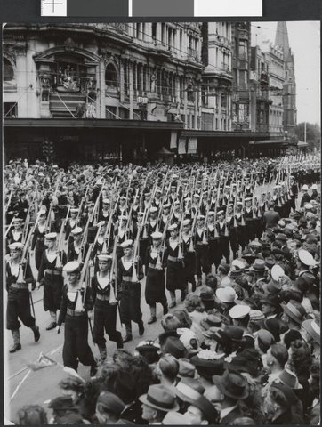 Australian sailors march up Swanston Street near Collins Street corner, 1946–49