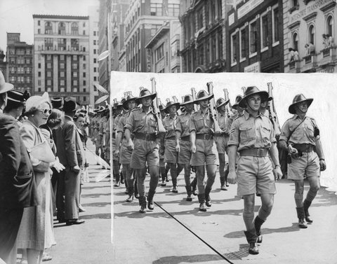 Troops marching of Collins Street in Melbourne, 1938–44