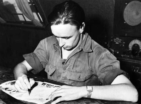 In Korea, Leading Aircraftman IAN WELSH OF GLEN IRIS, Victoria, a clerk with No. 77 Squadron RAAF, c. 1952
