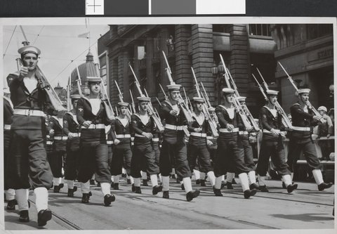 Australian sailors march up Swanston Street, 1946–49