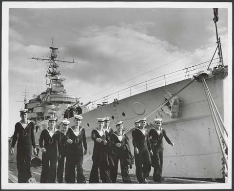 H.M.A.S. Australia crew going on shore leave in Melbourne, 1948–53