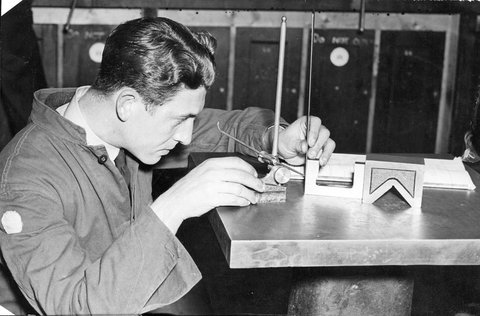 Accuracy is essential for Airforce trainees under instruction at the Brunswick Technical School, c. 1940
