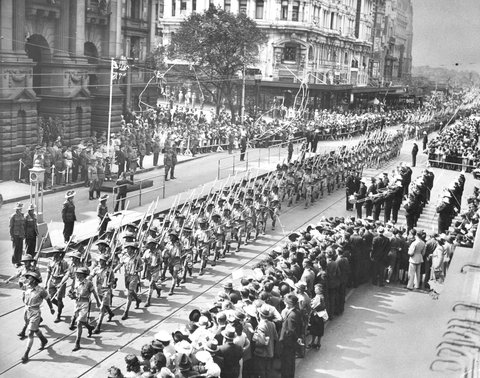 Australian soldiers in military marches in the streets of Melbourne, 1940–45
