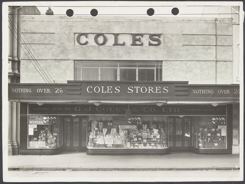 Shopfront with display windows featuring toiletries, medicinal products, underwear and confectionery-remodelled Collingwood Coles Variety Store No. 1, 1936–37