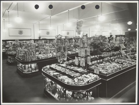 Interior of Coles store at Elsternwick Victoria showing counters of merchandise including jewellery for 6d Store No. 525, 1939