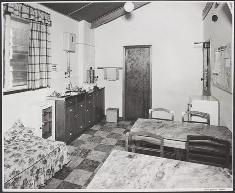 Staff tearoom dining tables and lockers and settee and kitchenette Mentone Store No. 182, 1953