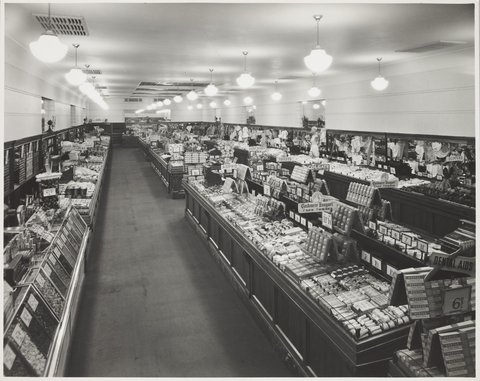 Interior of Coles store with a display for Dentax toothpaste; for 6 d at Northcote Store No. 16, 1947