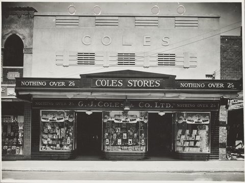 Front exterior of Coles store with merchandise in the window priced from 6d. Preston Store No. 20, 1930–40