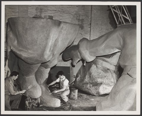 Men working on the construction of the Christmas Facade of Coles Bourke Street Store No. 12, 1954