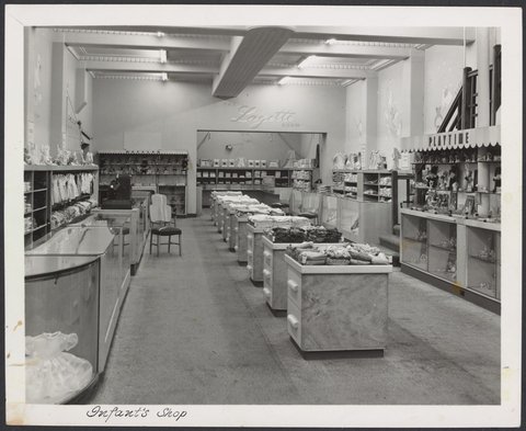 Infant's Shop, includes glass counter, The Layette Room, Playtime toys, rattles and clothing, Mantons Bourke Street store, 1942–51