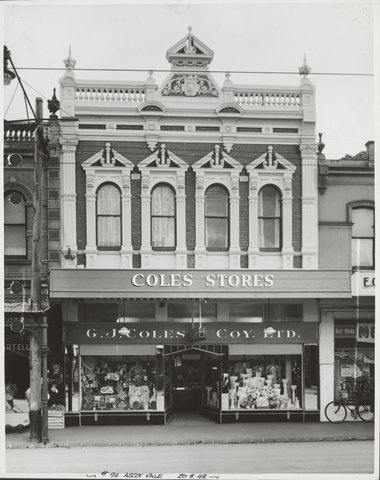 Exterior front of Ascot Vale Coles store with merchandise in the window priced from 4d. Store No. 94, 1948