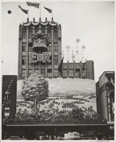 Exterior diorama and crown on display during Queen Elizabeth's Royal Visit Bourke Street Store No. 12, 1954