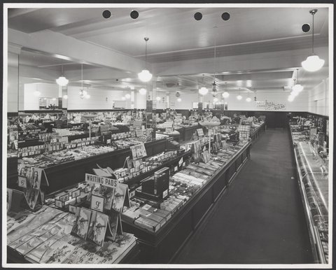 Interior of Coles Store at 411-415 Sydney Road Brunswick showing counters with merchandise including writing pads for 9d Store No. 3, 1947