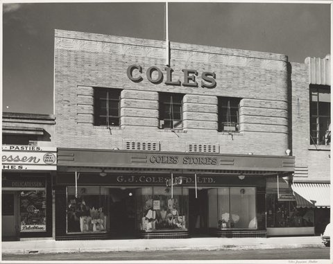 Street view showing display windows and brick upper storey of Coles Box Hill Store No. 44, 1947
