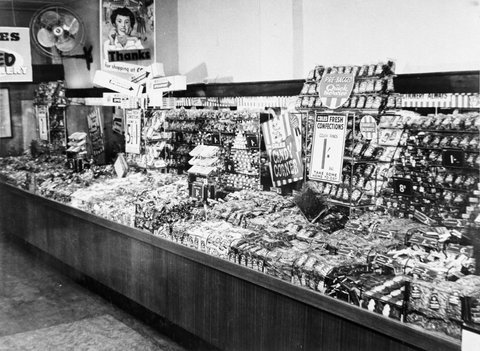 Confectionery counter with prices tickets displayed at Coles Box Hill Store No. 44, 1954
