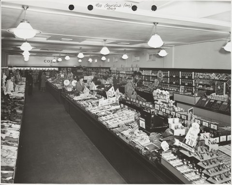 Interior of South Caulfield Coles store with merchandise including propelling lipsticks for 2/11 Store No. 113, 1949