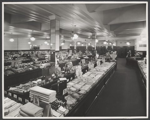 Interior of store showing counters displaying women's lingerie and other goods at the old store Sydney Road Brunswick Store No. 3, 1947
