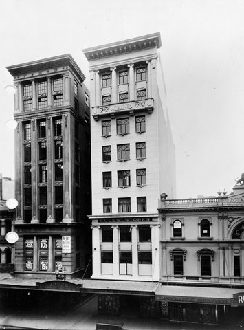 Elevated view of Deva House Bourke Street housing Coles Variety Store adjoining store of T. Mackenzie Kirkwood and Royal Arcade, 1930–50