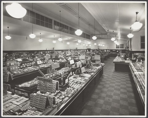 Counters and cash registers, display of Pepsodent and toiletries in foreground, 155-156 Smith Street, Collingwood Coles Variety Store No. 1, 1947