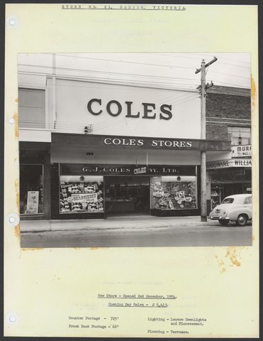 Shop front display windows featuring 'Coles Brassieres' Sydney Road Coburg Store No. 21, 1954