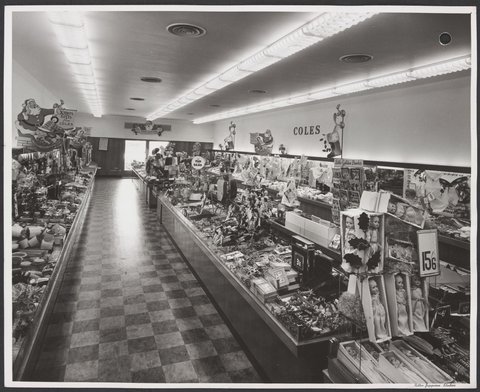 Interior merchandise with dolls and Little Golden Books and Christmas decorations Mentone Store No. 181, 1953