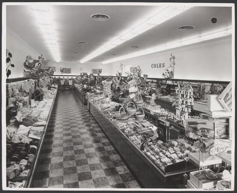 Interior view back to front-merchandise and Christmas decorations Mentone Store No. 182, 1953