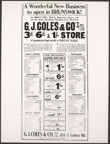 Advertisement for a new G J Coles & Co Pty Ltd store to open in 451-3 Sydney Road Brunswick, 1923–27