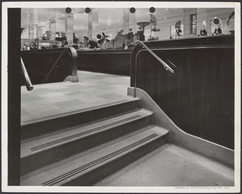 Interior showing shallow flight of steps into jewellery and clothing department in Coles Bourke Street Store No. 12, 1940–47