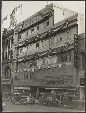 Mantons shopfront, Bourke Street, six storey art deco building decorations celebrating Victory in the Pacific, 1945