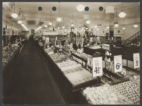 Interior of Buckley's store showing counters of women's toiletries with prices prominently displayed in Coles Variety Store Melbourne Store No. 4, 1934