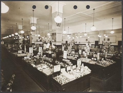 Interior of Buckley's store showing counters holding a wide variety of goods with prices prominently displayed in Melbourne Coles Variety Store No. 4, 1934
