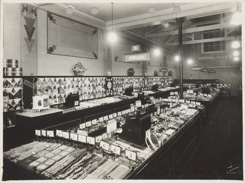 Interior of Coles store Hawthorn displaying necklaces selling for 6d at Glenferrie Greens Store No. 17, 1940–50
