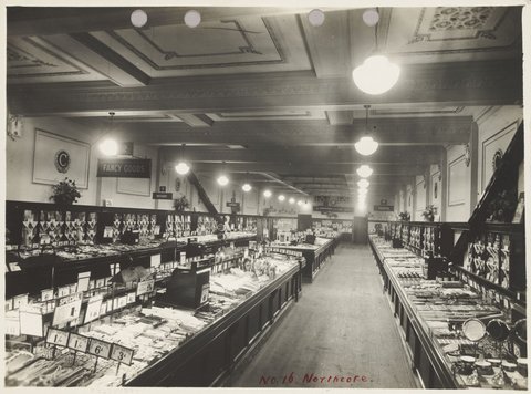 Interior of Coles store showing merchandise priced from 3d at Northcote Store No. 16, 1940–47