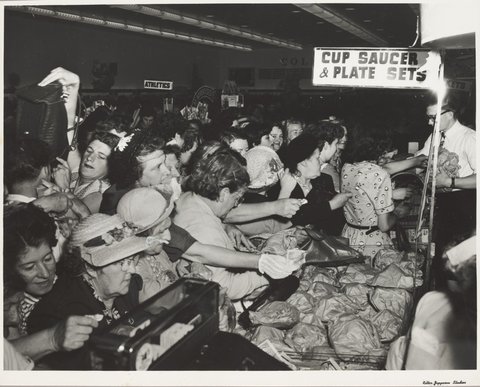 Interior of Coles store with women crowding to be served probably at sale time Coburg Store No. 21, 1948–51