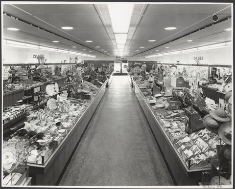 Interior showing counters displaying wide variety of goods with advertisement for Starlet cosmetics at rear of Coles Frankston Store No. 118, 1945–49