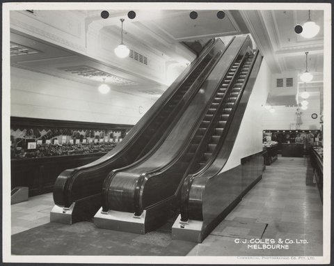 Escalators in basement clothing department of Coles Bourke Street Store No. 12, 1939