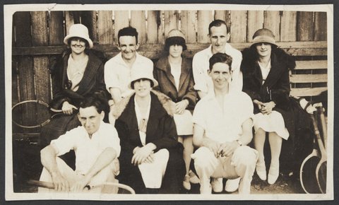 Staff tennis team four women four men two rows (Andy Davidson second right back row) Coles Swanston Street Store No. 6, 1930–35