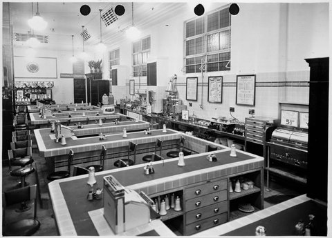 Diner style benches and seating in cafeteria in original Buckleys building of Coles Melbourne Store No. 4, 1934