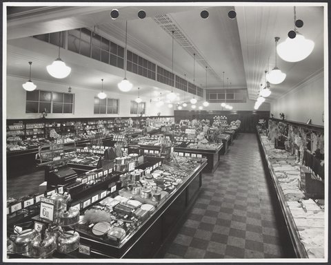 Elevated view of interior showing displays of kitchen utensils and lingerie in Coles Collingwood Store No. 1, 1947