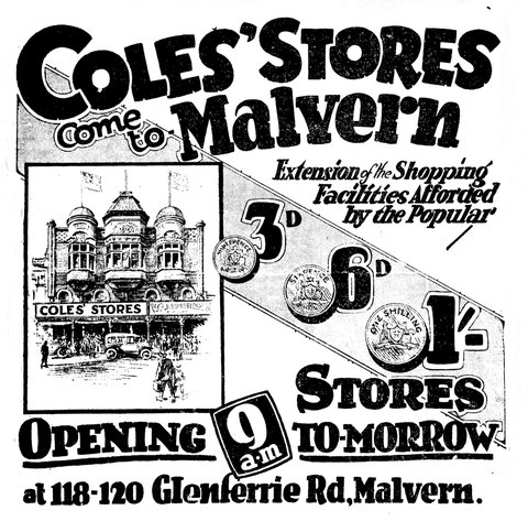 Advertisement for the opening of Coles Variety Store in Glenferrie Road Malvern Store No. 8, 1927