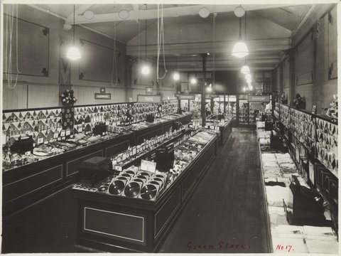 Interior of Coles store Hawthorn including a display of vinyl records on special for 1/- at Glenferrie Greens Store No. 17, 1940–50