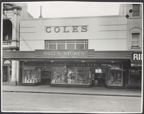 View from street towards display windows in Facade of Coles Collingwood Store No. 1, 1947