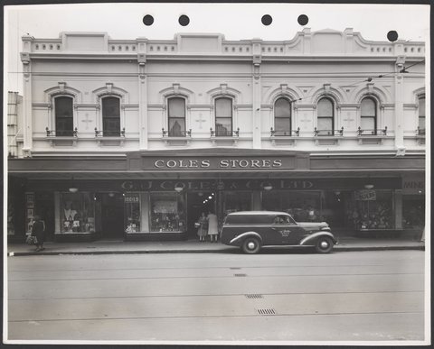 Front exterior of Coles Store at 411-415 Sydney Road Brunswick with merchandise in the windows Store No. 3, 1947