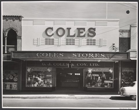Exterior front of Coles Store 463a High Street Preston with teaspoons priced at 9d in the windows Store No. 20, 1954