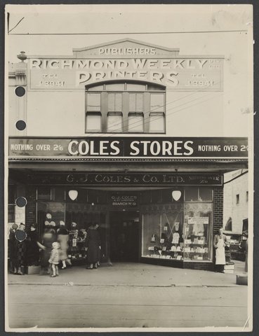 Women shoppers and greengrocer in front of Richmond South Coles Variety Store No. 19, 1931