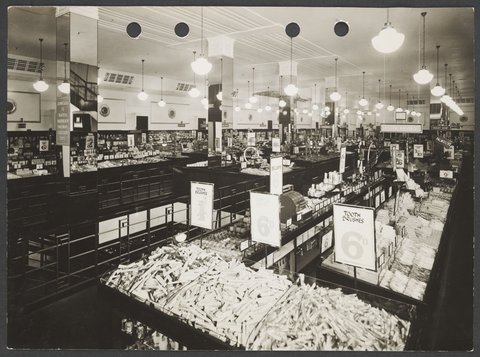 Interior of Buckley's store showing counters in foreground stacked with toothbrushes and prices prominently displayed in Melbourne Coles Variety Store No. 4, 1934