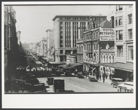 Elevated view looking east along Bourke Street towards Coles Variety Store in Deva House Melbourne Store No. 4, 1930