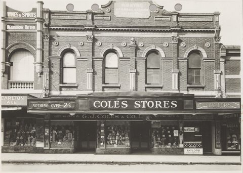 Exterior of Coles store with merchandise displayed in the windows priced from 3d. Coburg Store No. 21, 1932–40