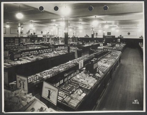 Interior of store displaying toiletries and haberdashery with price tags prominently displayed at old store Sydney Road Brunswick Store No. 3, 1933