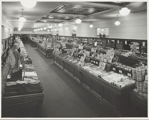 Interior of Coles store with displays of school supplies ranging from 3d to 2/- at Northcote Store No. 16, 1947